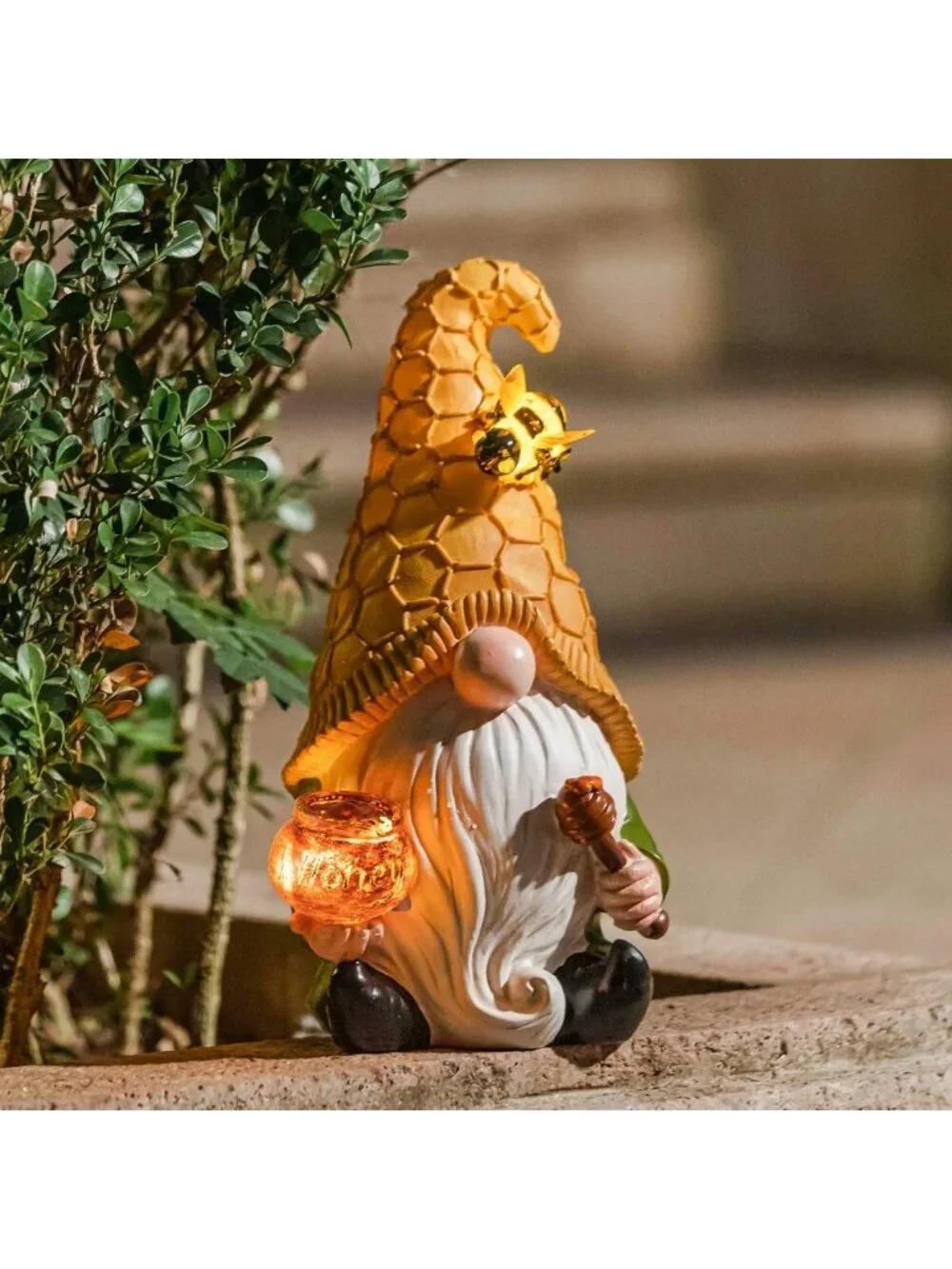 Solar Garden Gnomes Statues - Resin Bee Figurine with Honey Jar & Solar Lights